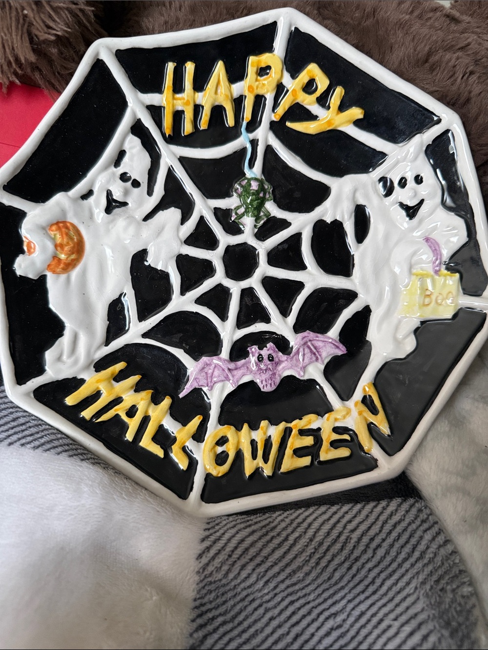 Nantucket Happy Halloween Spiderweb Ceramic Plate - Black, White & Yellow